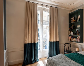 Set of 2 Linen Color Block Curtain Panels,Custom Linen Curtains,Modern Curtains for Bedroom,Adjustable Drapes