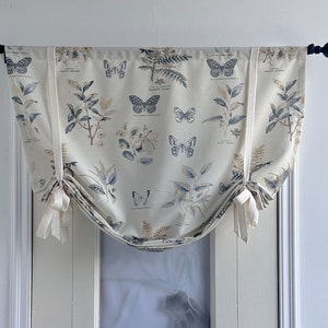 Butterfly and Plant Pattern Print Valance,Beige Tie Up Valance with White Ribbon,Custom Size Valance,Linen Cotton Curtain,Privacy Shades