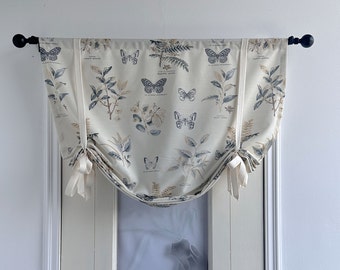 Mantovana con stampa di motivi di farfalle e piante, mantovana beige con nastro bianco, mantovana di dimensioni personalizzate, tenda in cotone di lino, tende per la privacy