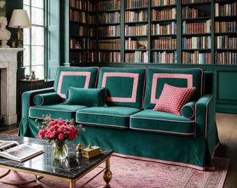 May include: A three-cushion sofa upholstered in deep green fabric with light pink rectangular accents on the back cushions and pink piping along the edges. The sofa features a skirted base, a rectangular green bolster pillow, and a red patterned throw pillow.