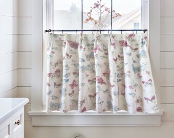 Butterfly Print Cotton Linen Cafe Curtains,Custom Short Curtains,Kitchen Curtains, Bathroom Curtains,Window Treatments, Farmhouse Style