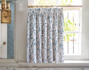 Blue Leaf Pattern Print Cotton Linen Cafe Curtains, Custom Short Curtains, Kitchen Curtains, Bathroom Curtains, Window Treatments