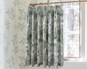 Green Floral Print Cafe Curtain,Custom Short Curtains, French Cafe Style Curtain,Pleated Kitchen Bathroom Curtains