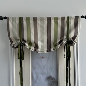Tie Up Valance,Green Stripe Valance,Custom Size Valance,Linen Cotton Curtain,Privacy Shades