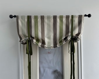 Tie Up Valance,Green Stripe Valance,Custom Size Valance,Linen Cotton Curtain,Privacy Shades