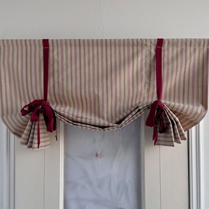 Red Ticking Stripe Tie Up Privacy Fabric Window Curtain,Red Tie,Custom Widths,Kitchen Valance,Cottage Decor