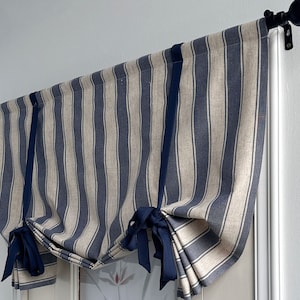 Blue Linen Stripe Pattern Curtains, Linen Folding Roman Shades, Custom Width, Blue Ties, Kitchen Curtains, Lodge Decor, Door Curtains