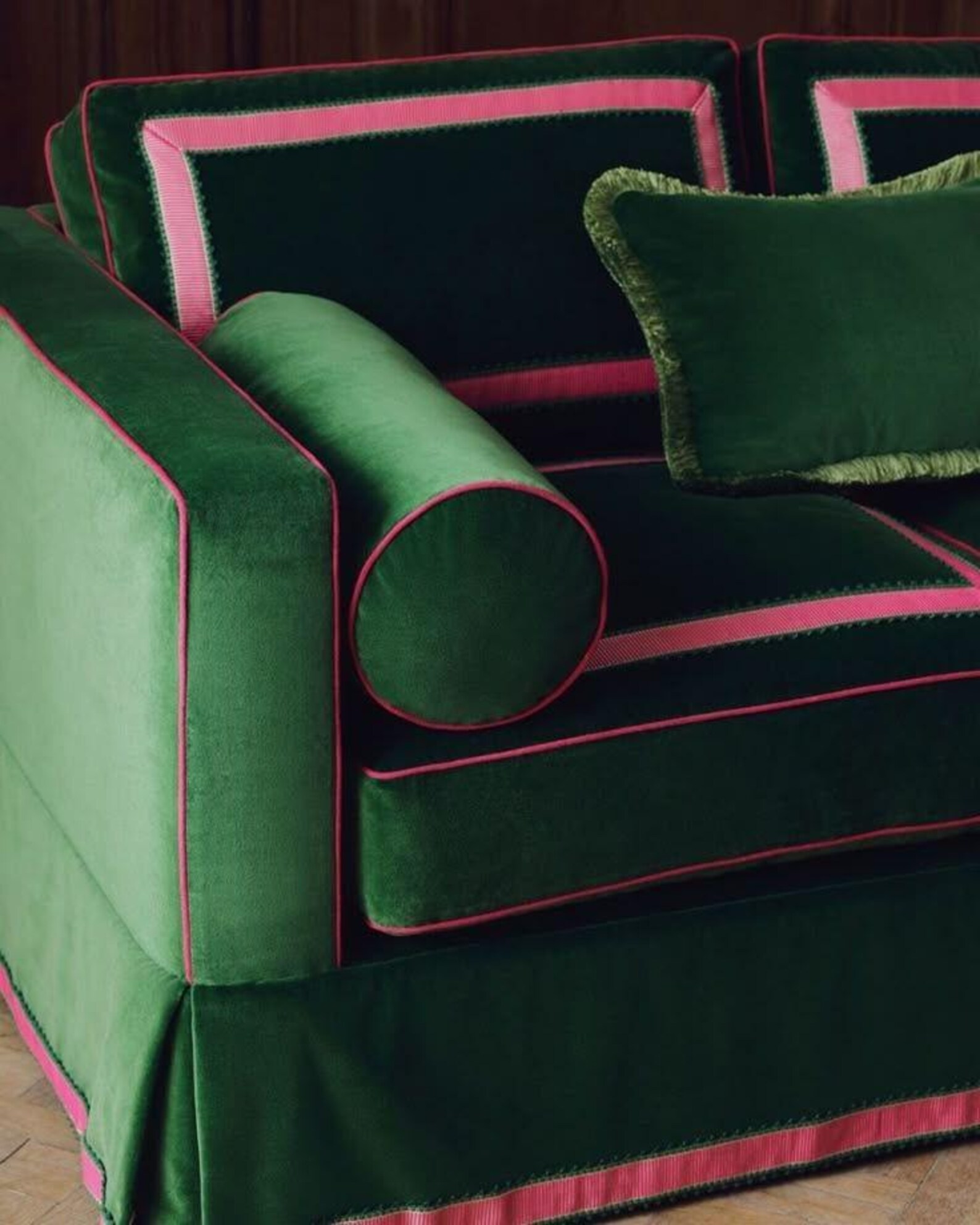 Green Velvet Sofa Cover, Pink Trim, Custom Fit Slipcover - Etsy