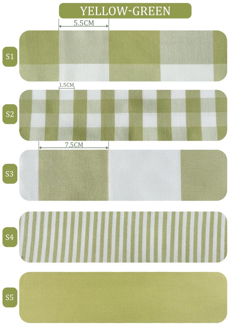 Pu&ograve; includere: Un'esposizione di campioni di tessuto giallo-verde con vari motivi. I campioni includono quadri gingham, piccoli quadri, strisce e un colore solido. Le misure sono in centimetri. Il testo "YELLOW-GREEN" &egrave; in alto.