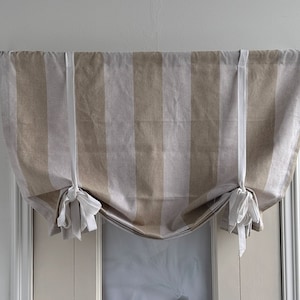 Brown Linen and Cotton Stripe Pattern Curtains, White Folded Roman Shades, Custom Width, White Ties, Kitchen Curtains, Door Curtains