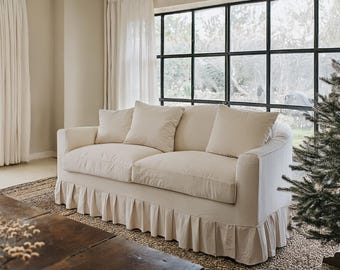 White Linen Blend Sofa Cover with Skirt, Custom Size Sofa Slipcovers, Replacement,  2 Seater 100+ Fabrics
