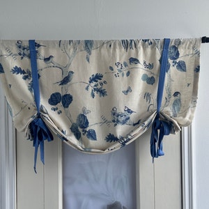 Flora Pattern Print Valance,Beige Tie Up Valance with Blue Ribbon,Custom Size Valance,Linen Cotton Curtain,Privacy Shades