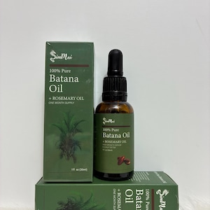 May include: A green box and a brown glass bottle of SimMai 100% Pure Batana Oil + Rosemary Oil. The box and bottle have white text. The bottle has a black dropper. The box says "One Month Supply" and "1 fl oz (30ml)".