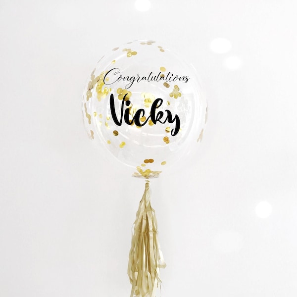 Personalized 24" Clear Bubble Balloon with gold confetti|custom name sticker|bobo balloon|confetti balloon|Transparent Balloon