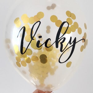 Personalized 12" Gold Confetti Balloon with Black Vinyl Decal| Script Font Letters|Balloon Sticker|Custom Name| Modern Design|