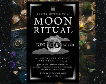 Può includere: Invito in bianco e nero con una grafica di luna piena per un Rituale Lunare il 30 dicembre alle 21:00. L'invito include l'indirizzo 123 Anywhere Street, Any City, ST 12345 e un numero di RSVP (123-456-7890).