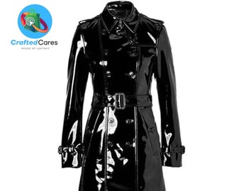 Handmade Women Black PVC Leather Shiny Light Weighted Raincoat Stylish Trench Coat|Different Colour's Option Trench Coat | best Gift for Her