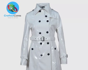 Handgefertigter Damen-Trenchcoat aus weißem PVC-Leder, glänzend, leicht, stilvoller Trenchcoat| Trenchcoat in verschiedenen Farben | bestes Geschenk für Sie