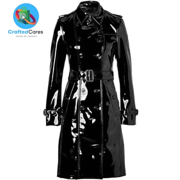 Fait main pour femmes, cuir PVC noir, imperméable léger et brillant, trench-coat élégant | trench-coat en option dans différentes couleurs | meilleur cadeau pour elle