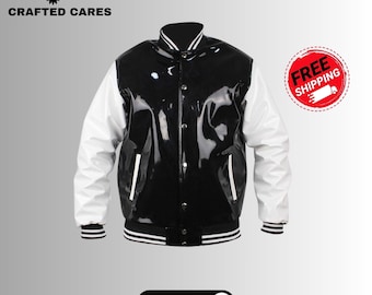 Handmade Black and White Vinyl PVC Leather Letterman Baseball Varsity Jacket | Vinyl Shinny Gothic Fashion Jacket | Best Gift for Him/her