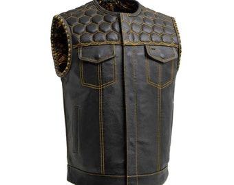 Men's Black Leather Vest yellow Lining Bike Riding Waistcoat  - Motorcycle Vest | Best Gift for Him