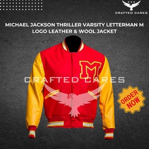 May include: Red and yellow varsity jacket with a large "M" on the front. The jacket is made of leather and wool and has a white stripe on the collar and cuffs. The text "CRAFTED CARES" is visible on the front of the jacket.