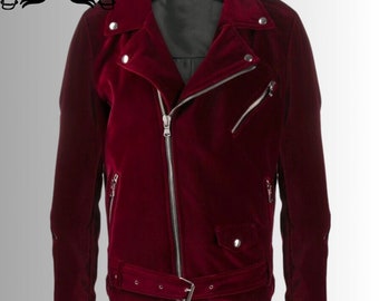 Red velvet biker jacket mens best sale