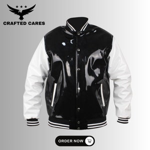 Handmade Black and White Vinyl PVC Leather Letterman Baseball Varsity Jacket | Vinyl Shinny Gothic Fashion Jacket | Best Gift for Him/her
