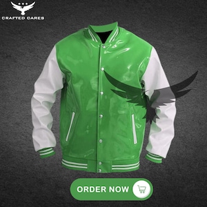 Handmade Green and White Vinyl PVC Leather Letterman Baseball Varsity Jacket | Vinyl Shinny Gothic Fashion Jacket | Best Gift for Him/her