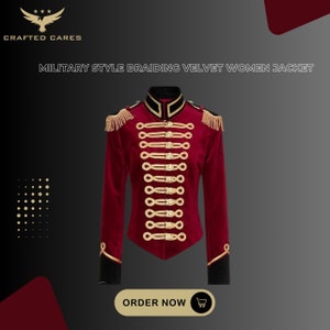 Handmade Women&#39;s Maroon Velvet Military Jacket with Gold Epaulettes | Perfect Gift for Her