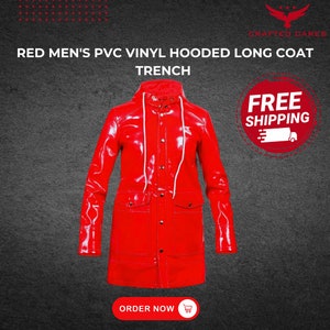 Handmade Stylish Red Men&#39;s PVC Vinyl Hooded Long Coat Shiny Light Weight Raincoat Trench Coat | Different Color&#39;s Option | Best Gift for Him