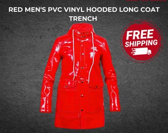 Handmade Stylish Red Men's PVC Vinyl Hooded Long Coat Shiny Light