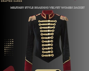 Handmade Women&#39;s Black Velvet Military Jacket with Gold Epaulettes | Perfect Gift for Her