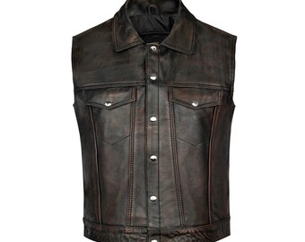 Leather Vest motorcycle Men's distress brown biker Leather Vest Gun Pockets  - Motorcycle Vest | Best Gift for Him