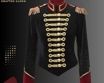 Handmade Women&#39;s Black Velvet Military Jacket with Gold Epaulettes | Perfect Gift for Her