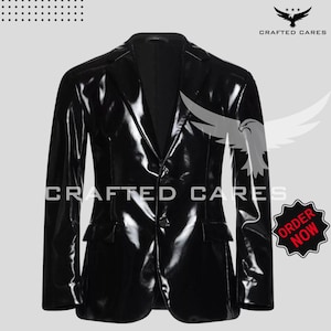 Handmade Black Men Single Breasted Shiny PVC Vinyl Blazer Jacket | Vinyl Shinny Gothic Fashion Jacket | Best Gift for Him/her
