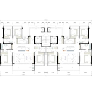 May include: A floor plan of a building with two apartments. Each apartment has two bedrooms, a kitchen, a bathroom, and a living room. The floor plan is drawn to scale and includes measurements in feet.