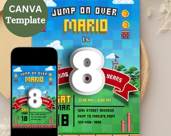 Plantilla de invitación para el octavo cumpleaños de Super Mario, temática de cumpleaños de la Princesa Peach, invitación para fiesta de cumpleaños de género neutro, plantilla CANVA editable