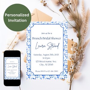 Elegant Something Blue Invitation Template, Personalized Bridal Shower Brunch Template Invitation, 5X7 Blue Wildflower Printable Templates