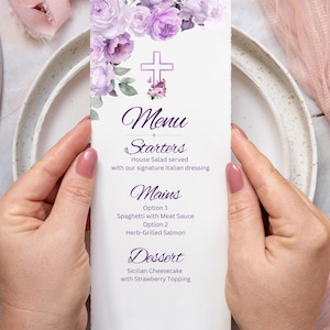 Modello di menu per battesimo floreale, carta del menu del battesimo viola, menu del tavolo del battesimo stampabile, modello di menu per la prima comunione