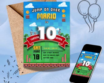 Zaproszenie na przyjęcie urodzinowe bez podziału na płeć, szablon zaproszenia na 10. urodziny Super Mario, przyjęcie urodzinowe dla dzieci, motyw urodzinowy księżniczki Peach