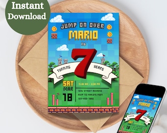 Invitación de cumpleaños para niño, plantilla de invitación de videojuego retro, descarga instantánea, invitación personalizada de Super Mario Galaxy