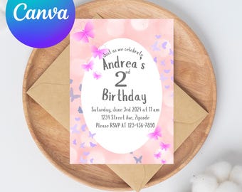 Pink Butterfly Theme Party Invitation Template, Happy 2nd Birthday Invite Download for Girls, Digital Invitation CANVA Template
