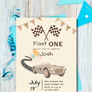 Celebratory 1st Birthday Invite, Racing Car Theme 5x7 - Personalized Party Invitation, Printable Template - Fast and Fun