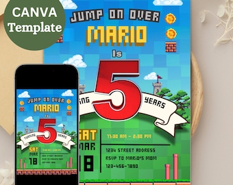 Plantilla de invitación para el quinto cumpleaños de Super Mario, temática de cumpleaños de la Princesa Peach, invitación para fiesta de cumpleaños de género neutro, plantilla CANVA editable