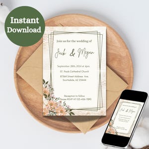 May include: A wedding invitation with a rustic woodgrain background and floral accents. The invitation features a gold geometric frame with the text "Join us for the wedding of Jack & Megan" and details about the wedding ceremony and reception.