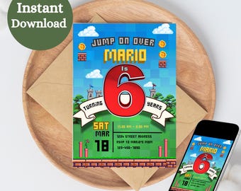 Zaproszenie na przyjęcie urodzinowe bez podziału na płeć, szablon zaproszenia na 6. urodziny Super Mario, przyjęcie urodzinowe dla dzieci, motyw urodzinowy księżniczki Peach