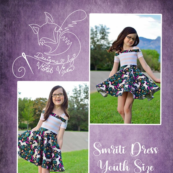 Smriti's Cold Shoulder Dress PDF Pattern Youth Sizes 2T-14, Boutique Style, A0 and Projector File Youth, Kid, Toddler, Tween Sewing Pattern