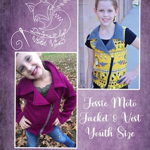 May include: Two girls wearing a purple jacket and a yellow vest with a black zipper. The vest has a colorful pattern of birds and geometric shapes. The text "Jessie Moto Jacket & Vest Youth Size" is written below the image. The text "Designs by Violet Vixen" is written below the image.
