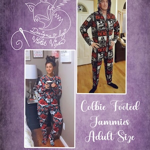 May include: Two people wearing black and white footed pyjamas with a red and black print. The pyjamas have a graphic print of the words "Dead" and "The Walking Dead". The pyjamas are called "Colbie Footed Jammies Adult Size" and are designed by "Violet Vixen".